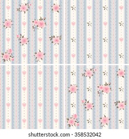 Seamless striped pattern with pink roses, leaves, hearts and laces. Vector floral backgrounds set.