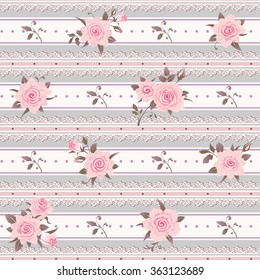 Seamless striped pattern with pink roses, leaves and laces. Vector floral shabby chic background.
