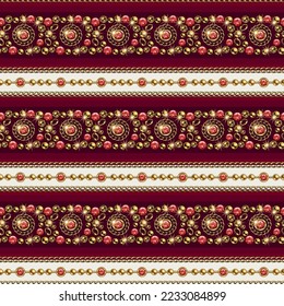 Seamless striped pattern with precious jewelry elements, gold beads, chains, red gems. Ornate mosaic style. Good for clothing, apparel, fabric, textile, surface design.