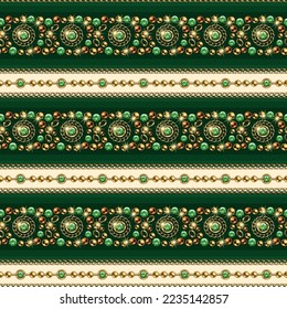 Seamless striped pattern with precious jewelry elements, gold, bronze beads, chains, green gems. Ornate mosaic style. Good for clothing, apparel, fabric, textile, surface design.