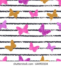 Seamless striped pattern with purple butterflies. Vector background.