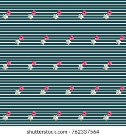 Seamless striped pattern with red and white flowers in vector. 