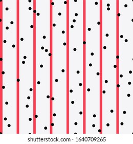 Seamless striped pattern in retro colors with polka dot. Vertical red striped pattern. Vector illustration