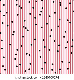 Seamless striped pattern in retro colors with polka dot. Vertical red striped pattern. Vector illustration