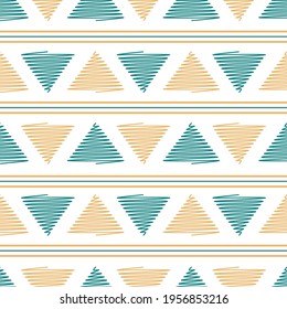 Seamless Striped Pattern with Scribbled Yellow Teal Triangles, Lines on White background.