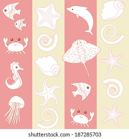 Seamless striped pattern with sea animals silhouettes