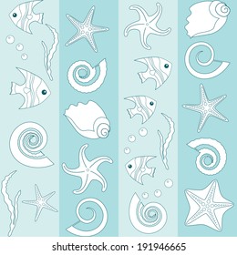 Seamless striped pattern with sea animals silhouettes