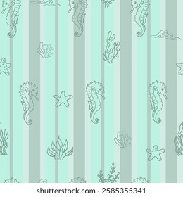 Seamless striped pattern with sea creatures