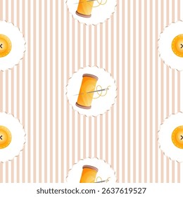 Seamless striped pattern with sewing thread and needle in openwork circle. Repeating vector vertical pattern of thin stripes.