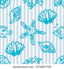 Seamless striped pattern with shells, fishes and molusks. Bright vector decoration. Paper, textle, etc.