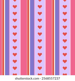 Seamless striped pattern with small orange hearts on purple, pink, and orange vertical stripes. Retro-inspired design for love-themed projects, wrapping, packaging, fabric, scrapbooking, etc.