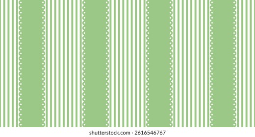 Seamless striped pattern in soft green and white colors with lace-inspired borders. Perfect for textile design, fabric prints, wallpapers, wrapping paper, and spring-themed creative projects.