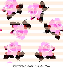 Seamless striped pattern with soft rose flowers. Fashionable print for fabric.