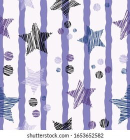 Seamless striped pattern stars scribbled shapes on light background and dots repeat endless background cover texture for textile, curtains, wallpapers, clothing, fashion fabric prints