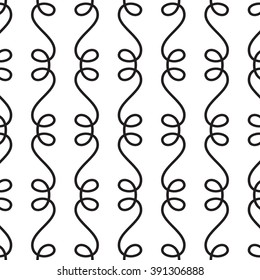 Seamless striped pattern with swirls, black and white vector background texture