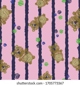 Seamless striped pattern toy bears and dots repeat endless background cover texture for textile, clothing, linens, curtains, wrapping paper, wallpapers, carpets, fashion fabric prints