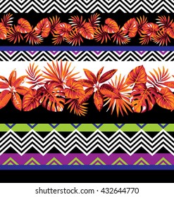 Seamless striped pattern with tribal geometrical elements and tropical leaves. 