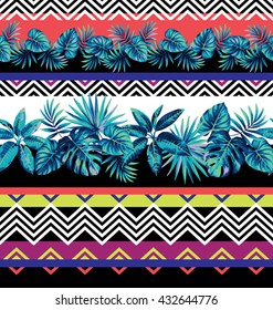 Seamless striped pattern with tribal geometrical elements and tropical leaves. 