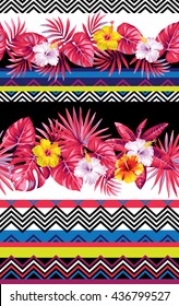 Seamless striped pattern with tribal geometrical elements, tropical leaves and flowers. Vector illustration.