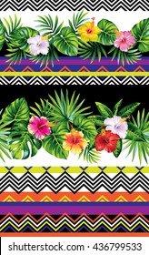 Seamless striped pattern with tribal geometrical elements, tropical leaves and flowers. Vector illustration.