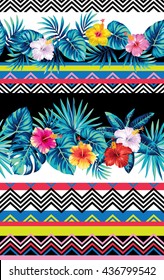 Seamless striped pattern with tribal geometrical elements, tropical leaves and flowers. Vector illustration.