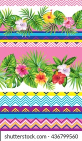 Seamless striped pattern with tribal geometrical elements, tropical leaves and flowers. Vector illustration.