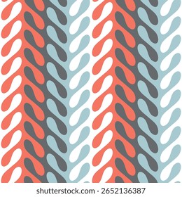 Padrão listrado sem emenda com listras onduladas verticais interligadas em azul claro, vermelho, cinza e branco. Estilo floral moderno. Folhagem multicolorida abstrata. Ilustração vetorial para têxteis e papel de parede.