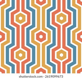 Seamless striped pattern with vertical lines and hexagons in blue, orange, and yellow on a white background. Modern and simple style. Abstract geometric vector illustration.