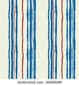 Seamless striped pattern. Vertical lines with torn paper effect. Shred edge texture. Blue, red, white colored background. Vector