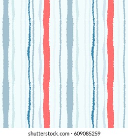 Seamless striped pattern. Vertical lines with torn paper effect. Shred edge background. Gray, white, red soft colored. Sunset, sea theme. Vector