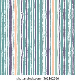 Seamless striped pattern. Vertical narrow lines. Torn paper, shred edge texture. Blue, white, orange light soft colored background. Vector