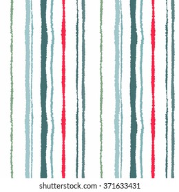 Seamless striped pattern. Vertical narrow lines. Torn paper, shred edge texture. Green, white, red contrast colored background. Vector