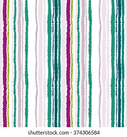 Seamless striped pattern. Vertical narrow lines. Torn paper, shred edge texture. Green, white, lilac contrast colored background. Vector