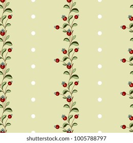 Seamless striped pattern with vertical rows of floral motifs and abstract dots.
