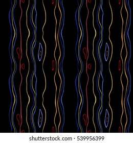 Seamless striped pattern. Vertical thin wavy lines. Snowy rain, night, winter theme texture. Dark blue, black, yellow red colored background. Vector