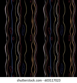 Seamless striped pattern. Vertical thin wavy lines. Winter theme texture. Brown, gray, red, blue, orange, dark colored background. Vector