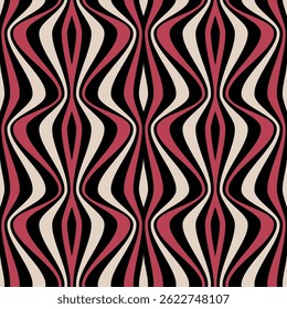 Padrão listrado sem emenda com listras onduladas verticais em vermelho, branco e preto. Abstrato design geométrico retrô. Ilustração vetorial. 