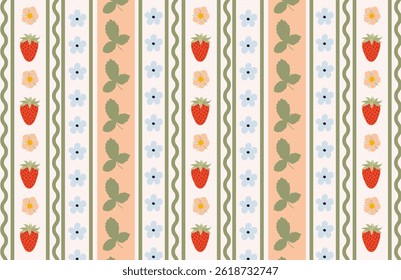 Seamless striped pattern. Vintage vector design with strawberries, leaves and flowers. Retro print for wallpaper, textile, printing on fabric, paper, packaging, scrapbooking, patchwork and cards.