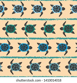 Seamless striped pattern with watercolor turtles.