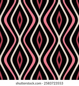 Seamless striped pattern with wavy vertical stripes in red, pink, white, and black. Indian ethnic style with a geometric retro design. Abstract vector illustration.