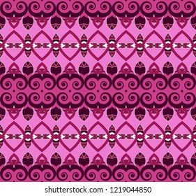 Seamless striped pattern from white, pink and purple geometrical abstract ornaments on a dark background. Vector illustration. Suitable for fabric, wallpaper, wrapping paper