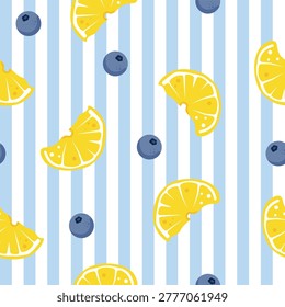 Seamless striped pattern with yellow lemons and blueberries. Bright summer vector illustration.