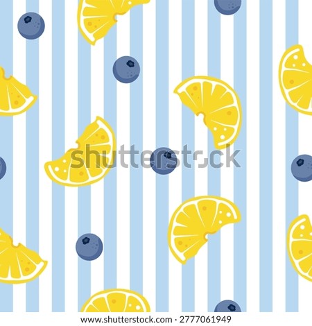 Seamless striped pattern with yellow lemons and blueberries. Bright summer vector illustration.