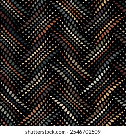 Patrón de rayas sin costuras. Diseño de chevron en zig zag con líneas de puntos diagonales multicolores sobre un fondo negro.  Estilo geométrico moderno con Pequeños puntos y círculos. Ilustración vectorial.