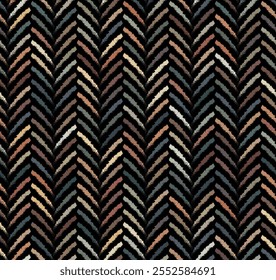 Padrão listrado sem emenda. Design em chevron em ziguezague com traços de tinta diagonal multicolorido. Listras finas em verde, laranja e marrom em um plano de fundo preto. Estilo geométrico moderno. Ilustração vetorial.