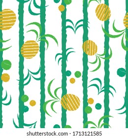 Seamless striped pineapples pattern leaves and dots repeat endless background cover texture for textile, wrapping paper, wallpapers, linens, curtains, clothing, fashion fabric prints