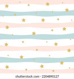 Seamless striped pink, blue and white with golden stars vector pattern.