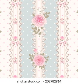 Seamless striped polka dot pattern with roses, laces and bows. Vector floral shabby chic style background.