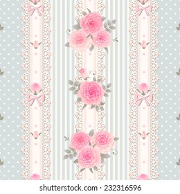 Seamless striped polka dot pattern with roses, laces and bows. Vector floral shabby chic style background.