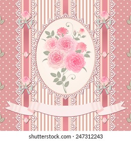 Seamless striped polka dot pattern with roses, laces and bows. Vector floral shabby chic style background.